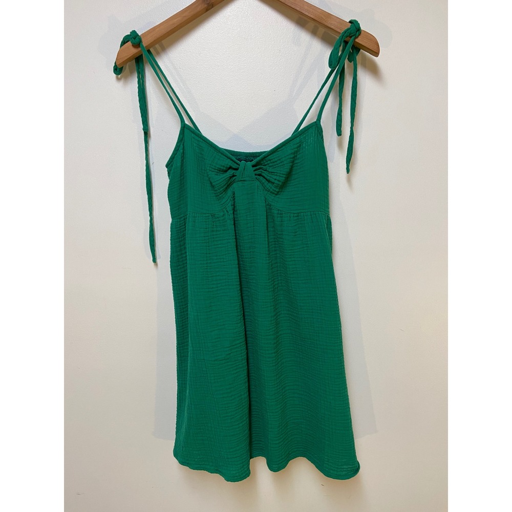 SHEIN Mini Dress Women 6 Green Cotton Gauze Tie Shoulder Smocked Back Babydoll